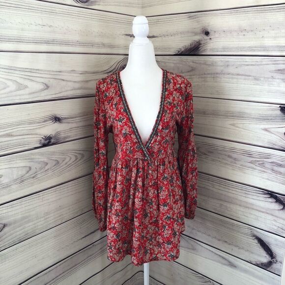 Ivy Jane Red Floral Bird Print Low Cut Long Sleeve Blouse Small - Picture 1 of 6